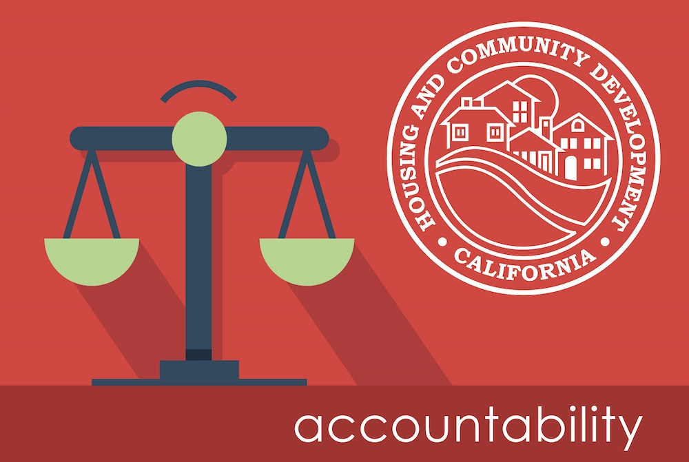 HCD logo and graphic of justice scales with text Accountability.